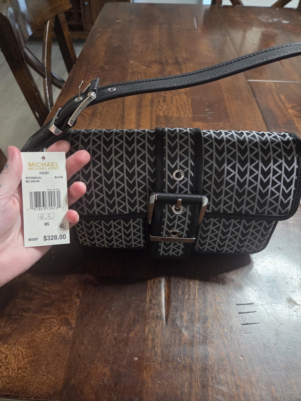 Michael Kors Black Signature Jacquard Buckle Shoulder Bag